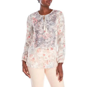 T Tahari Cierra Blossoms Floral Tassel Tie Blouse Small Romantic Semi-Sheer Top
